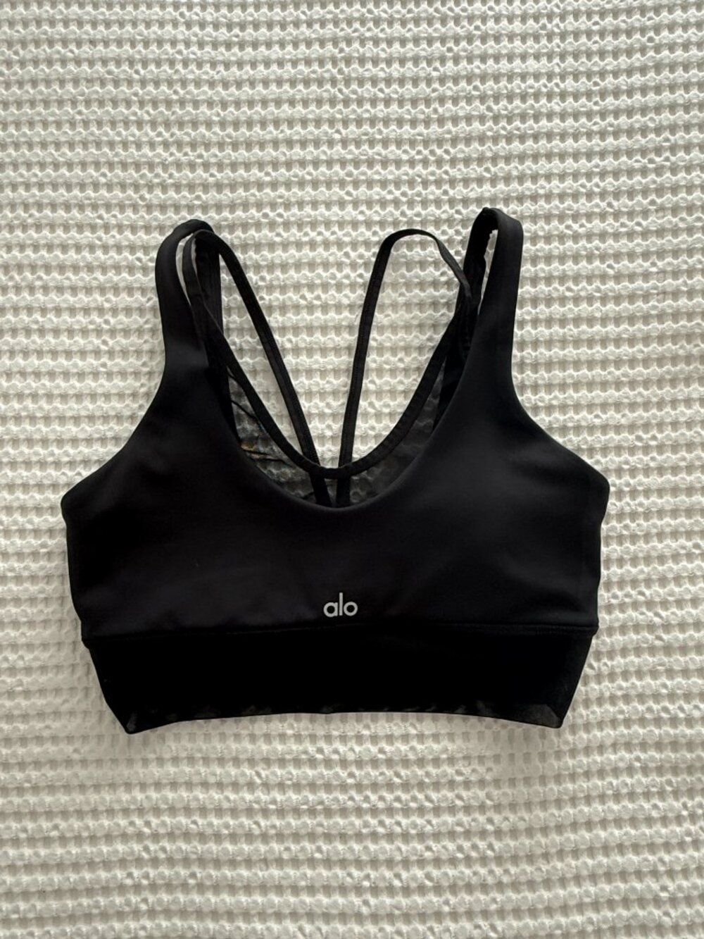 ALO Yoga Airlift Double Trouble Sports Bra Black Strappy Mesh